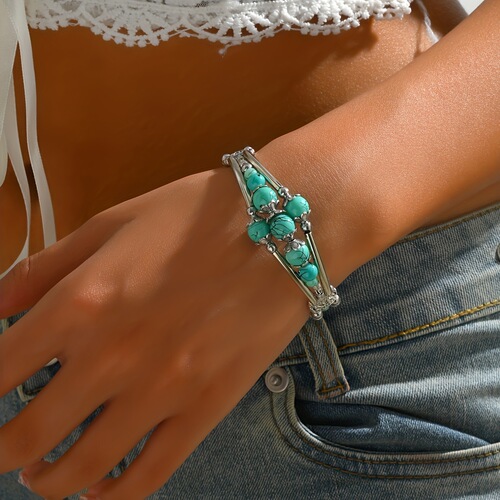 Dragon Ru European and American Retro Ethnic Silver-Plated Carved Elephant Pendant Bracelet Turquoise Bracelet Accessory