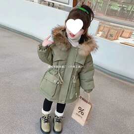 女童派克服冬装加绒棉衣中小童大毛领衣服女宝宝加厚收腰棉服外套