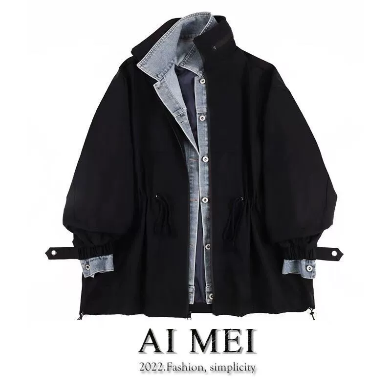 Denim set demi‑season warm jacket, oversize Korean style, layered look, S–3XL