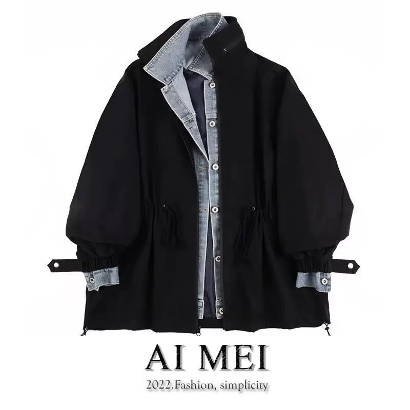 Denim set demi‑season warm jacket, oversize Korean style, layered look, S–3XL