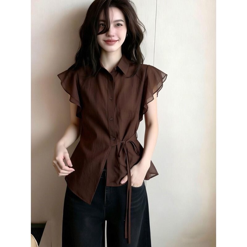 Stylish Coffee-Colored Short-Sleeve Shirt with Small Lapel for Women, 2026 Summer New Style, Waist-Cinching Tie, Ruffled Edge, Elegant Top