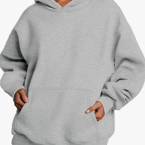 Cross-border Amazon Women's Shoulder Sleeve Hooded Solid Color Sweat Autumn and Winter Fleece Pullover Loose Casual Top in stock