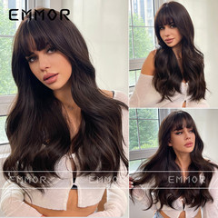 Cross-border foreign trade Amazon Europe and America chemical fiber hair with side fringe gray brown long curly wig for women