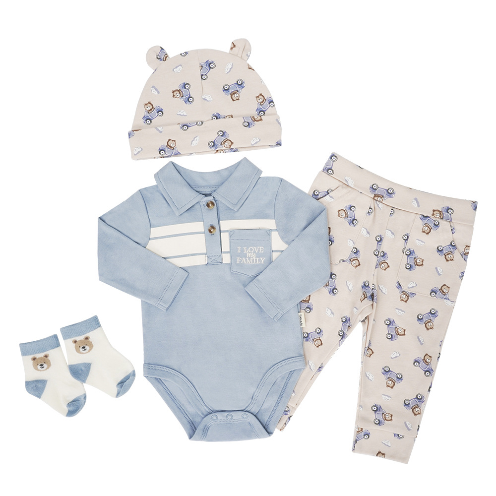 2025 Pure Cotton Baby Baggy Clothes 4-Piece Set Cartoon Print Casual Outing Suit Autum Baby Clothes