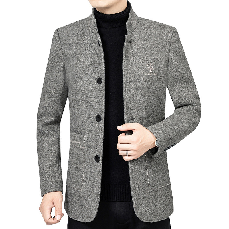 Chaqueta de lana gruesa para hombres de mediana edad, otoño e invierno 2025, cuello alto, estilo casual de negocios, abrigo de lana para papá