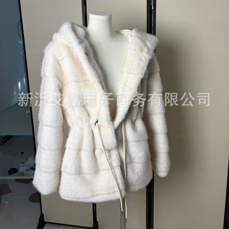 Korean Eco-Friendly Faux Fur Coat for Women, Hooded, Waist-Cinching, Mid-Length, Figure-Flattering, Horizontal Faux Mink, Trendy Style