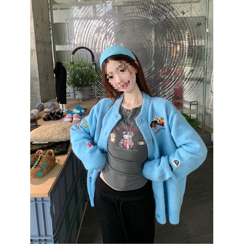 小众卡通小狗刺绣针织开衫外套女春季慵懒风减龄加厚宽松休闲毛衣|undefined