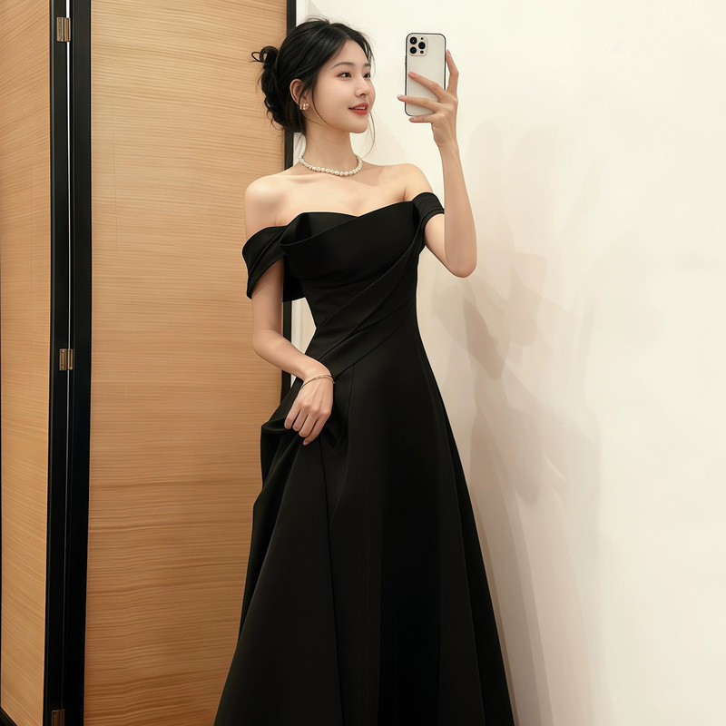 One-Shoulder Black Evening Dress Plus Size for Curvy Women, Elegant for Art Exams, Adult Ceremonies, Evening Wear, Satin, Annual Meeting Host Long Dress One-Shoulder Black Evening Dress Plus Size for Curvy Women, Elegant for Art Exams, Adult Ceremonies, Evening Wear, Satin, Annual Meeting Host Long Dress
