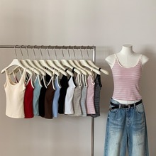 韩版打底百搭吊带背心女棉质撞色条纹修身辣妹带胸垫外穿上衣5858