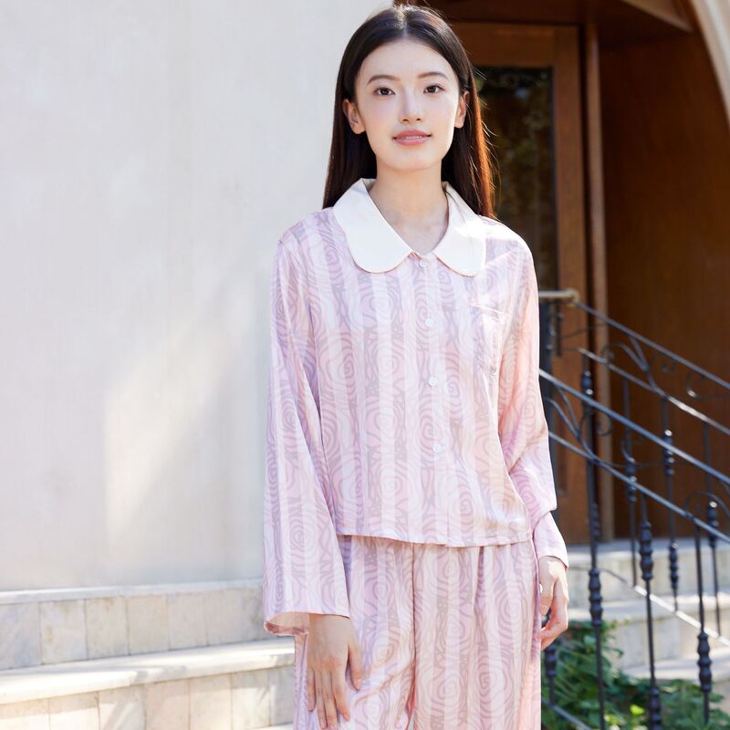 Doll Collar Rose Stripe Ice Silk Pajamas Women's Spring and Autumn Cool Niche High-end Long-sleeved Satin Home Clothes suit Doll Collar Rose Stripe Ice Silk Pajamas Women's Spring and Autumn Cool Niche High-end Long-sleeved Satin Home Clothes suit