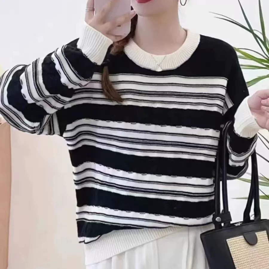 慵懒风2025秋冬新款毛衣女针织衫宽松加厚条纹内搭打底衫软糯上衣