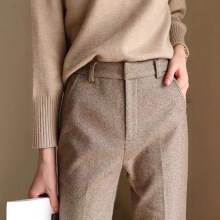 秋冬人字纹加厚毛呢裤女高腰显瘦休闲直筒西装九分气质职业烟管裤