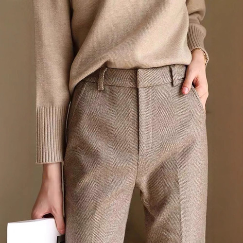 Autumn/Winter Human Character Pattern Thick Woolen Pants for Women, High-Waisted, Slim-Fitting Casual Straight Leg Suit, Nine-Inch Elegant Professional Pipe Pants