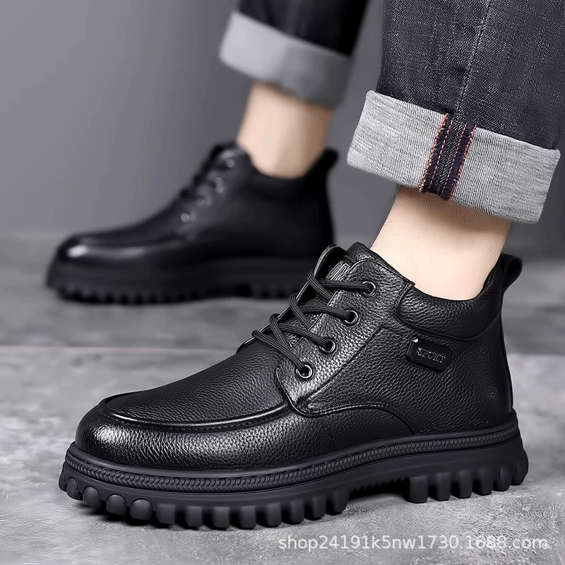 Среднего возраста высокие кожаные сапоги 2024 зимние новые плюшевые толстые теплые снежные сапоги бархатные кожаные туфли отцы оптом