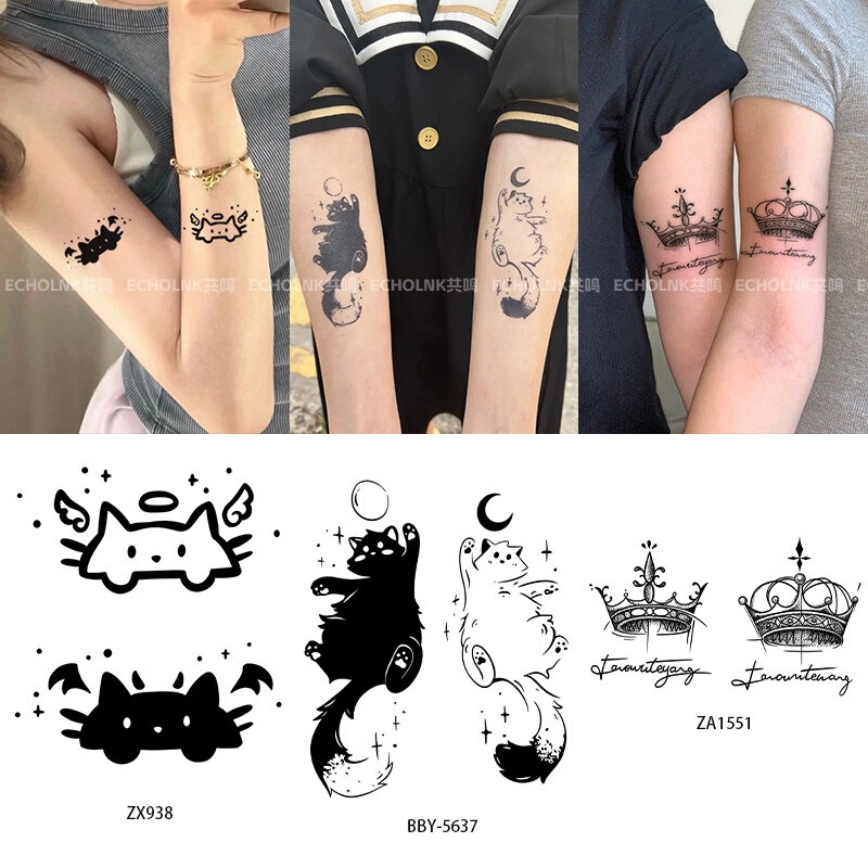 Highly stylish Instagram-style herbal tattoo stickers for couples and friends, cute cat and crown designs for forearm scar cover-up and ambiance Highly stylish Instagram-style herbal tattoo stickers for couples and friends, cute cat and crown designs for forearm scar cover-up and ambiance