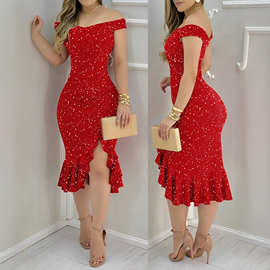 2025跨境欧美小码女装春/夏气质通勤一字肩紧身包臀下摆荷叶露肩