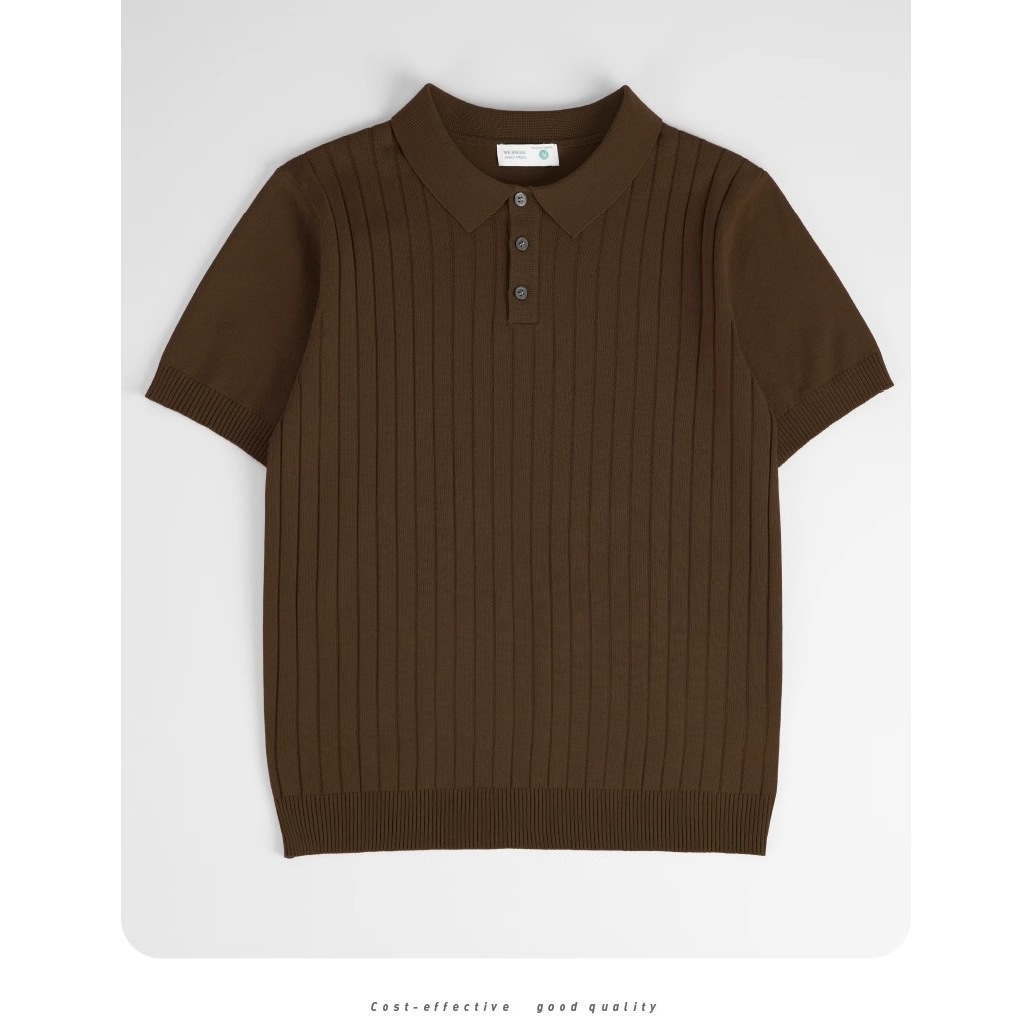 Summer Men's Polo Shirt Solid Color Short-Sleeve Turn-Down Collar Knit Slim Fit Korean Style Top Ribbed Casual Versatile T-Shirt