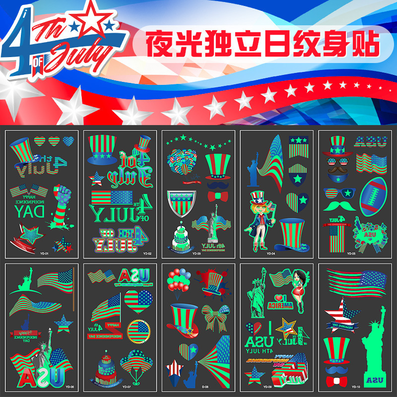 Wholesale American Luminous Independence Day Tattoo Stickers Face Waterproof Sweat Disposable Temporary Tattoo American Flag Sticker