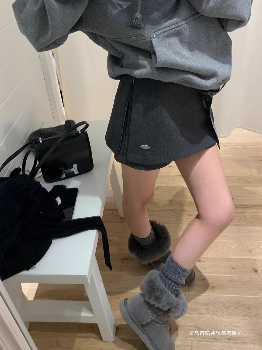 ，原版面料假两件毛呢半身裙女秋冬百搭咖色复古裙裤短裙
