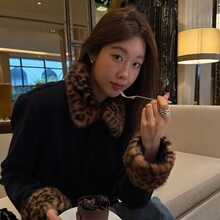 早秋古着商店 小众豹纹毛领设计感单排扣厚短外套韩版慵懒风新款