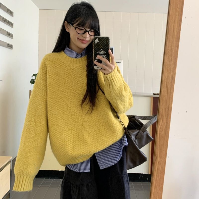 学院风时尚套装女韩系慵懒套头毛衣秋冬加厚针织衫百搭衬衫两件套|undefined