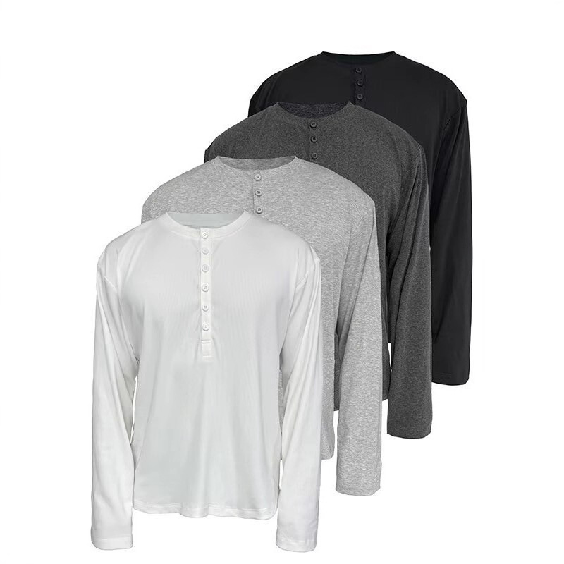 Henry Collar Pure Color Long-Sleeved T-Shirt Men's Autum Simple Loose Bottoming Shirt Korean Style Casual Versatile T-Shirt