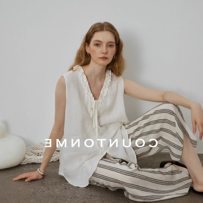 Natural Linen 100% Handmade Ruffled V-Neck Tie Short-Sleeve Sleeveless Shirt Vacation Style Blouse T-Shirt