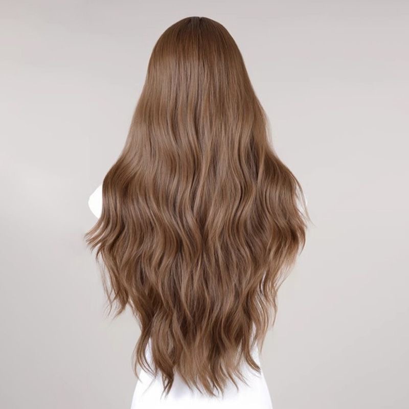 Parochňa Connie - Caramel Latte Water Wave Parochňa na celú hlavu s francúzskou ofinou na jeseň a zimu, dlhý kučeravý štýl