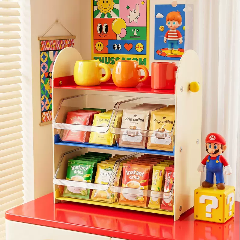 Tea bag storage box, desktop organizer, large-capacity multi-layer storage rack for cosmetics, snacks, coffee, dopamine cup holder