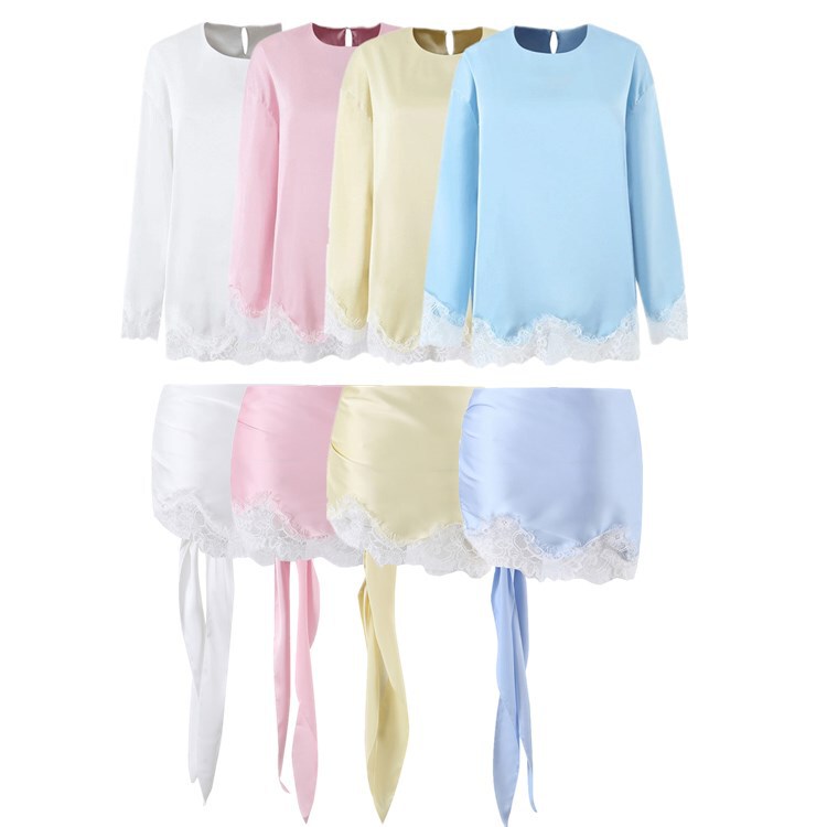 Satin Lace-Trimmed Long-Sleeved T-Shirt Wrap-Around Tie-Up Skirt Set for Women, Relaxed-Fit Top and Hip-Hugging Short Skirt Two-Piece Summer Outfit