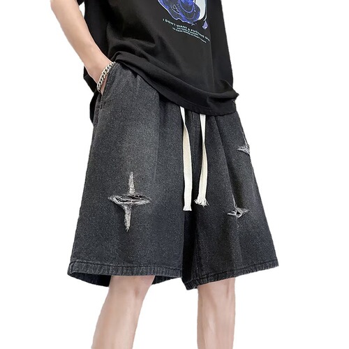 Pierced denim shorts, men's American retro high street vibe pants, summer quarter pants, straight loose casual mid-pants