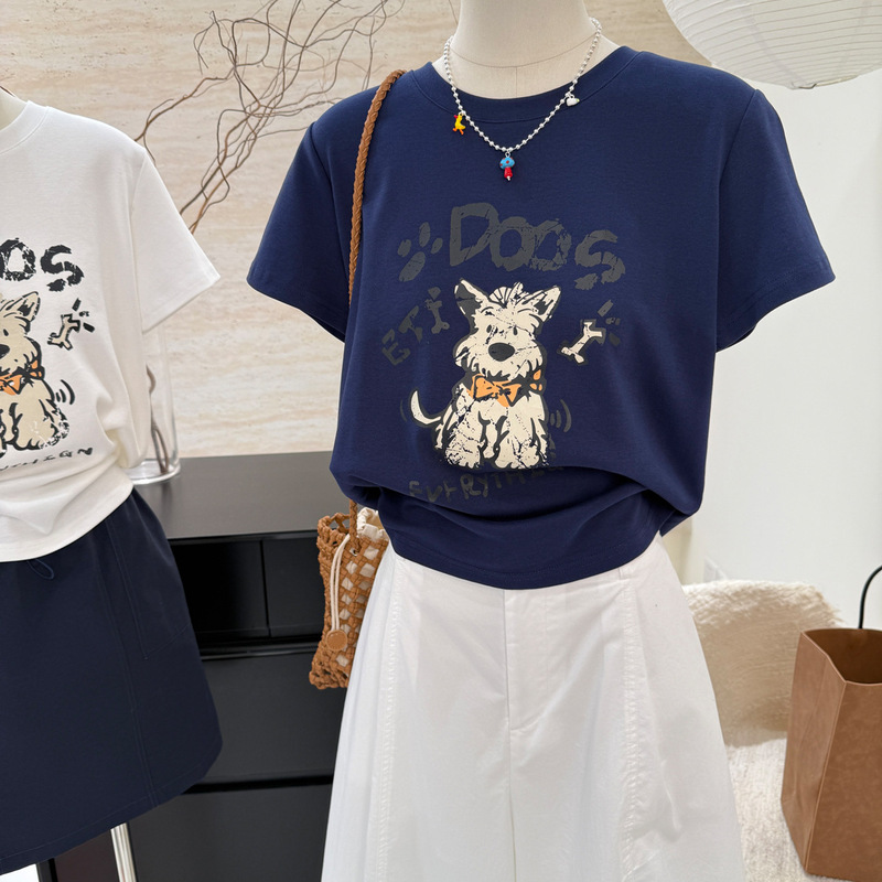 韓国の新しい夏スタイルのかわいい子犬の漫画プリント半袖Tシャツ、フェミニンでスリムなラウンドネック、多用途のトップス|undefined