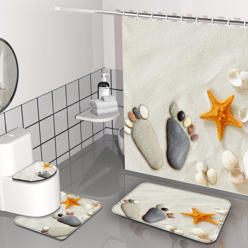 Impresión digital de ondas cortina de baño sin agujeros partición de baño cortina impermeable baño cuatro piezas conjunto de dibujo se puede fijar image 9