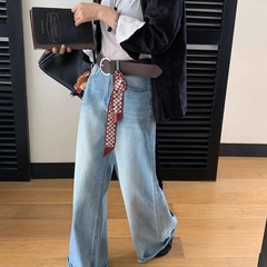 浅蓝色宽松直筒牛仔裤女2025秋冬加绒拖地高腰显瘦垂感窄版阔腿裤