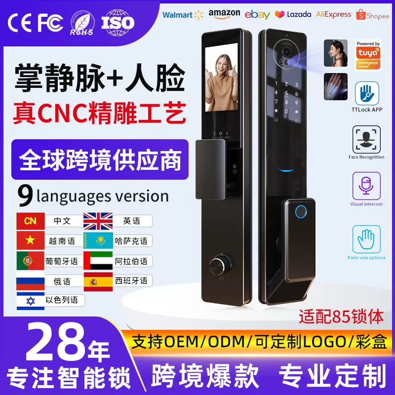 创佳外贸涂鸦智能锁多语言智能门锁通通锁3D人脸识别指纹锁入户门