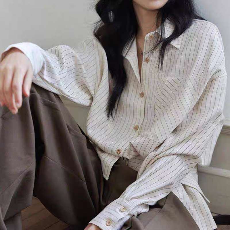 现货厂家批发 高智感收腰条纹衬衫女 设计感小z长袖复古上衣 女|undefined