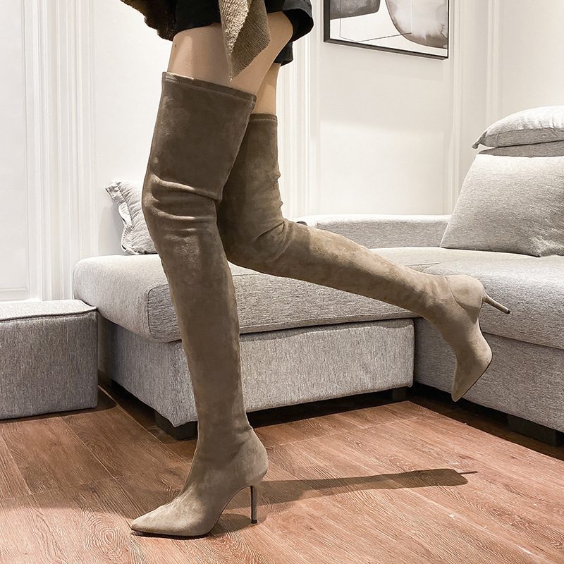 2025春秋スリム版オーバーニーハイブーツ、レディース、細ヒール、太もも丈、超ロングハイヒール、裏起毛、伸縮性、着痩せ効果
