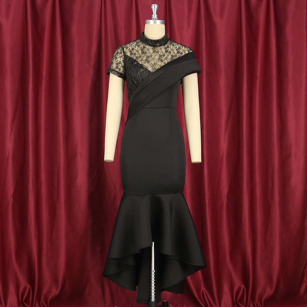 Vêtements pour femmes Col montant Manches courtes Sexy Transparent Taille haute Jupe à volants Robe de soirée Robe grande taille pour femmes_voghion.com