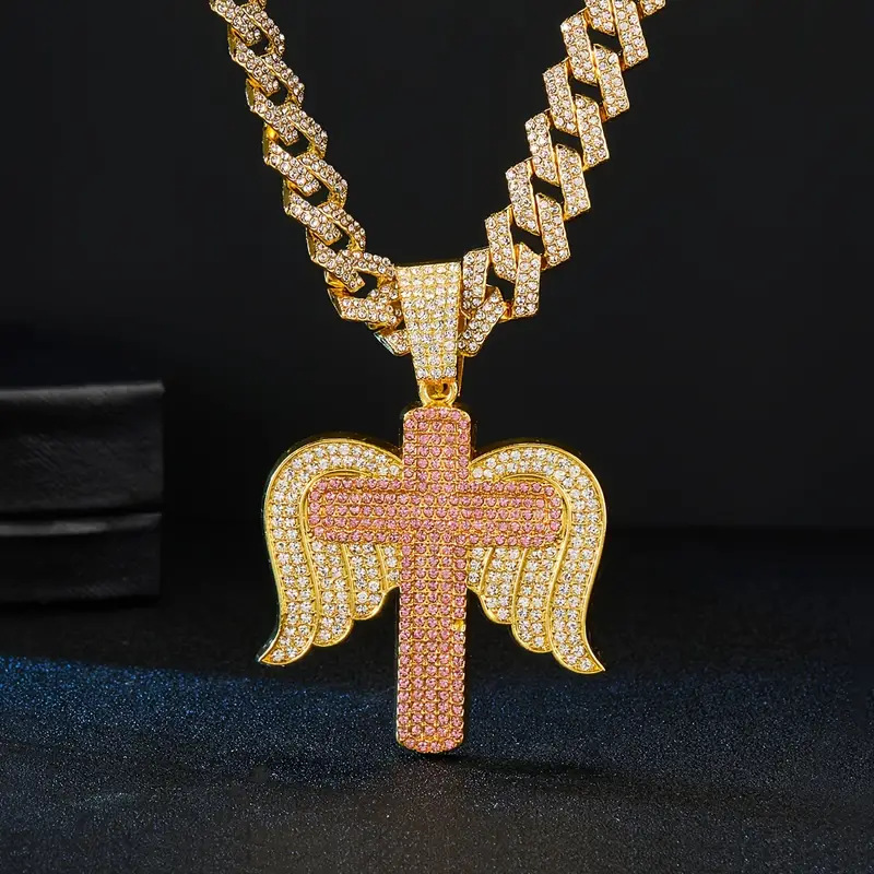 Alloy Material New Rhinestone Personality Diamond Stud Angel Wings Cross Pendant Hip Hop Creative Necklace