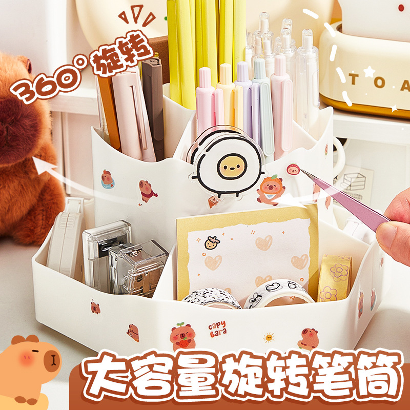 Kabar Bear nuevo bolígrafo de capacidad de rotación de 360 grados multifuncional caja de almacenamiento de escritorio con pegatinas de color ~
