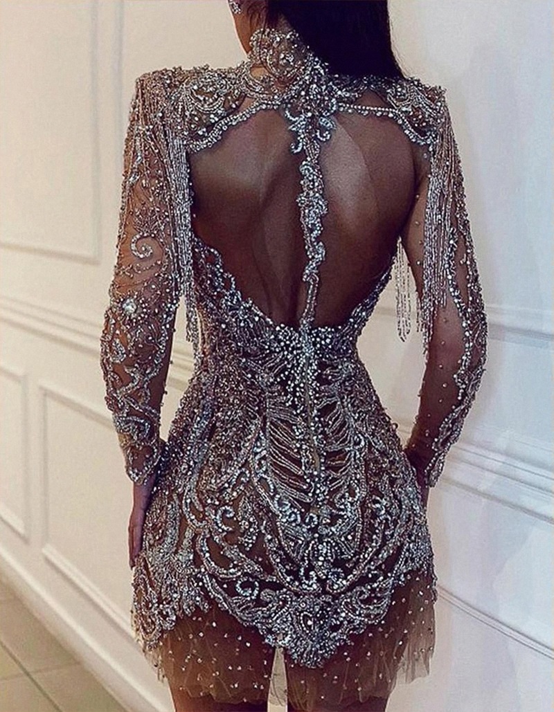 round neck long-sleeved see-through Sequins Tassels bodycon prom dress nihaostyles wholesale clothes NSGRM102008