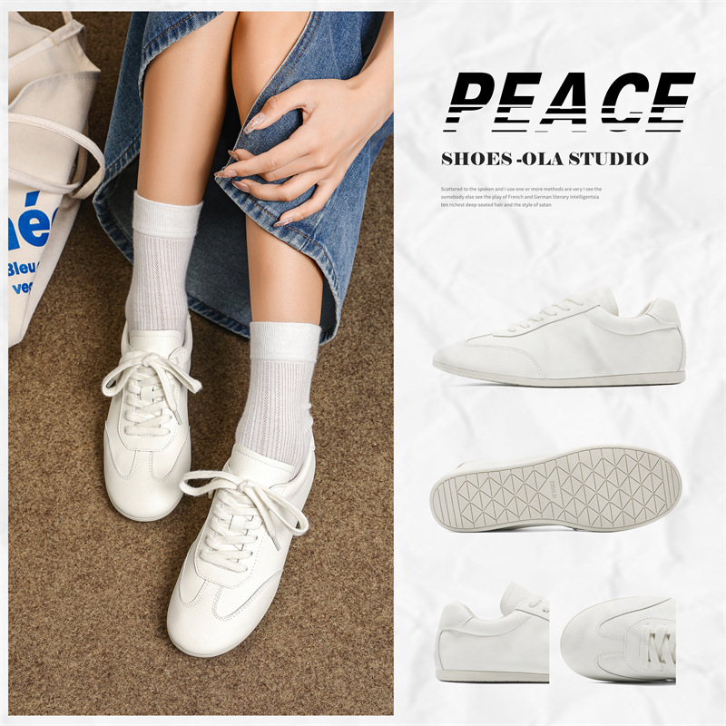 Genuine Leather Round-Toe Lace-Up Breathable Spring and Autumn New Style White Casual Shoes for Women, Large Size Women's Shoes Size 41 to 43