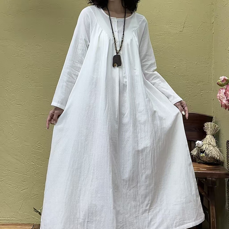 2026 Spring Collection Plus Size Women's Double Layer Cotton Gauze Long Solid Color Dress Ladies' Artistic Dress 2026 Spring Collection Plus Size Women's Double Layer Cotton Gauze Long Solid Color Dress Ladies' Artistic Dress