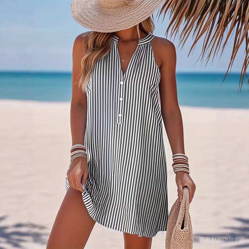 In-Stock Cross-Border European and American Women's Amazon Sleeveless V-Neck Buttoned Striped Loose Casual Fashion Beach Vacation Shirt