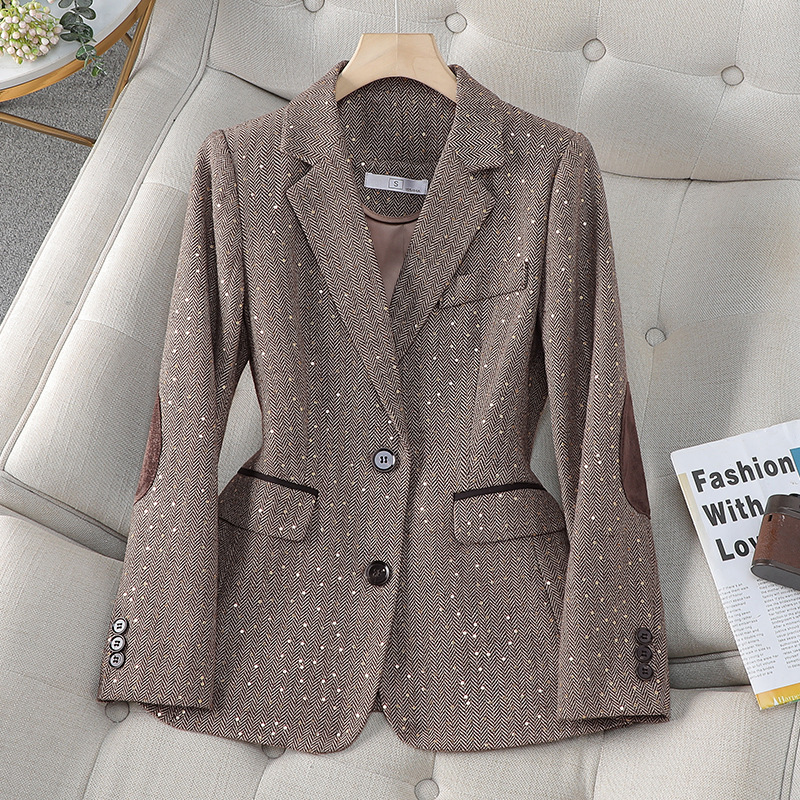 [Old Qian Feng] Women's Contrast Spring and Autumn Coat Sales Houndstooth Suit Women's Coat Women's Small Suit Jacket