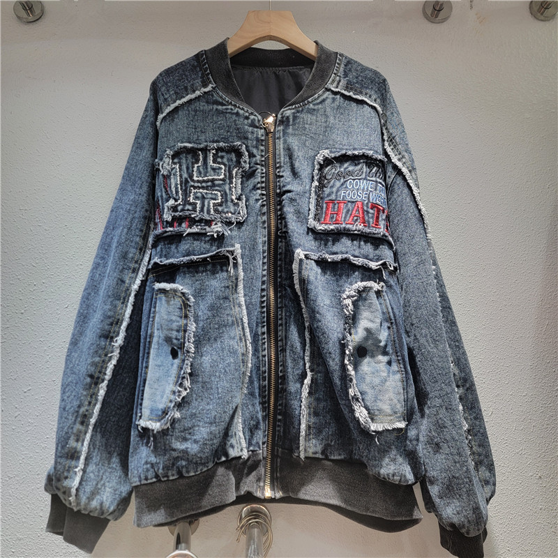 Pequeña industria de dibujos animados bordados denim chaqueta de empalme para mujeres 2025 otoño suelto casual chaqueta versátil superior