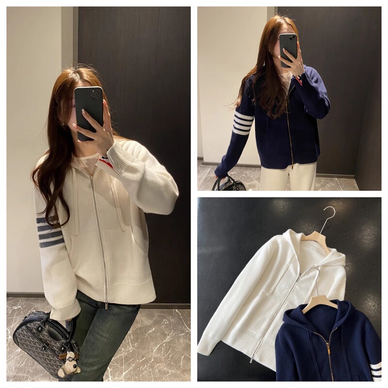 Old Qian Feng Women's Clothing Four Bars Striped Wool Knitted Cardigan Loose Hooded Sweater Coat Women's Autumn and Winter
