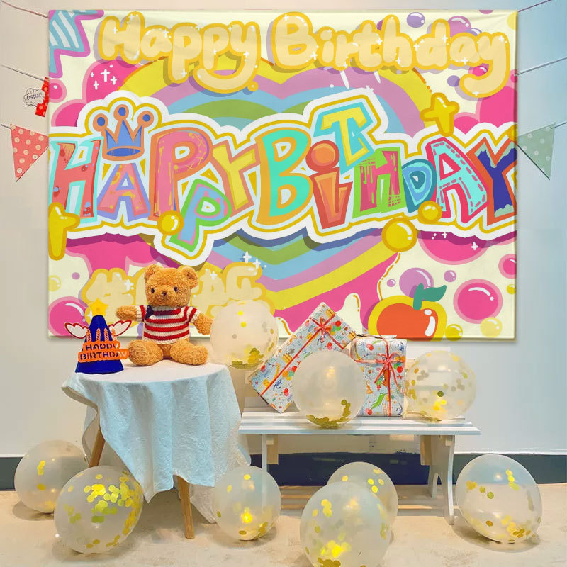 カラフルな漫画ハッピーバースデー背景布子供の赤ちゃん最初の誕生日ハッピー背景布シーン装飾吊り布|undefined
