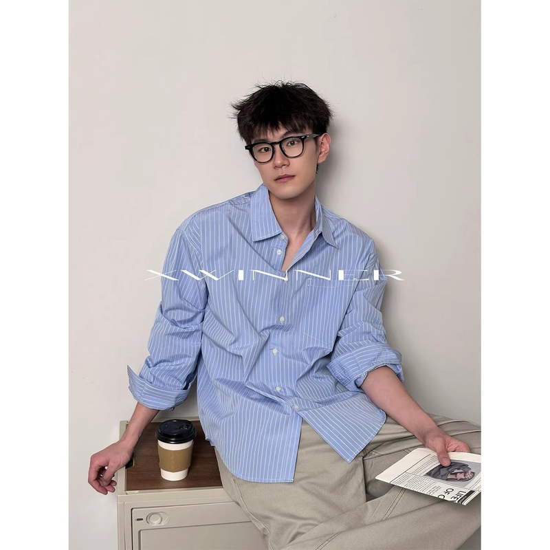 Xwinner Simple Korean-Style Striped Shirt, Lazy Loose Long-Sleeved Shirt, Fine Texture Long-Sleeved Workwear Top Xwinner Simple Korean-Style Striped Shirt, Lazy Loose Long-Sleeved Shirt, Fine Texture Long-Sleeved Workwear Top