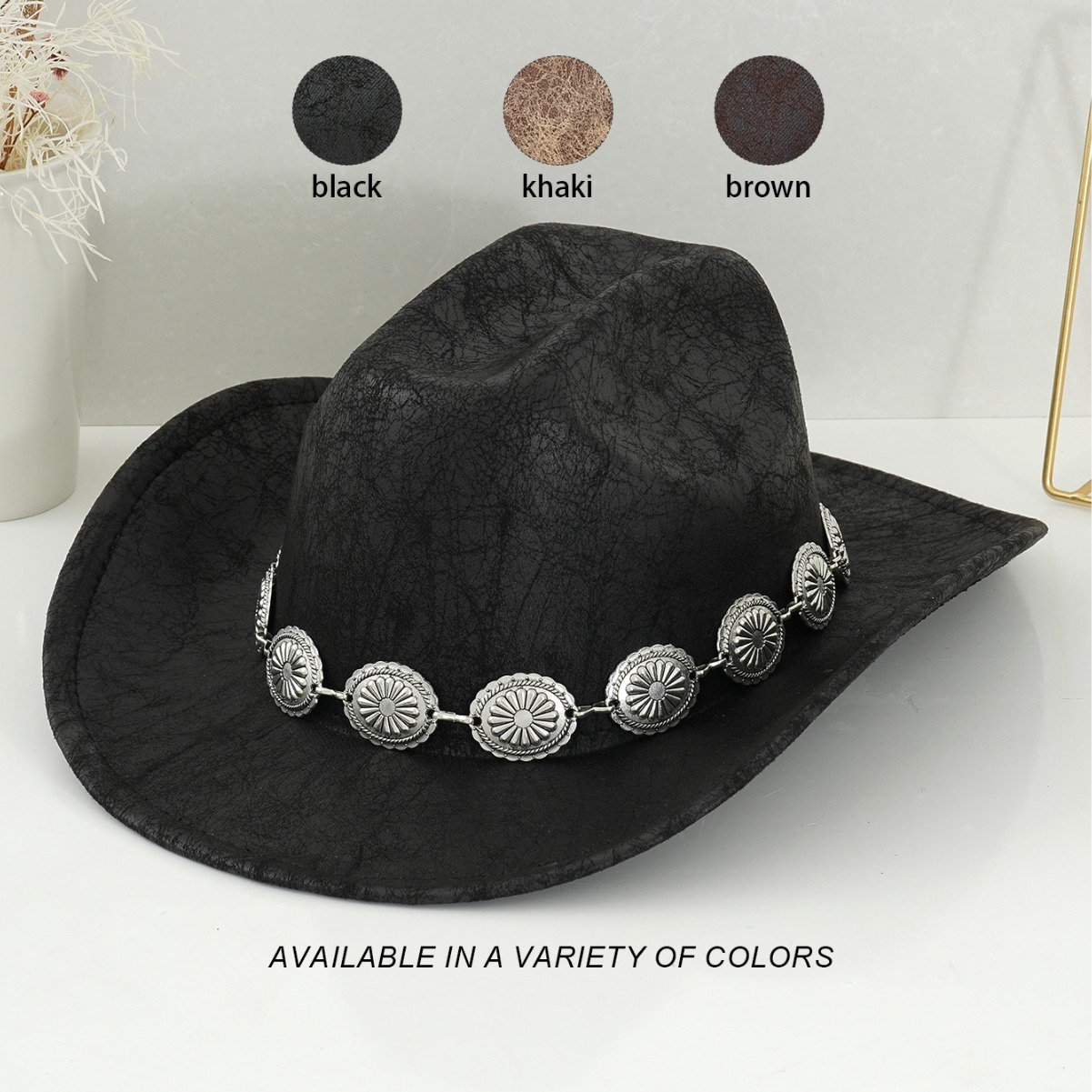 Men's and Women's Western Cowboy Hat Retro Topper Hat Stereo Round Flower Carving Pattern Accessories Belt Sun Protection Riding